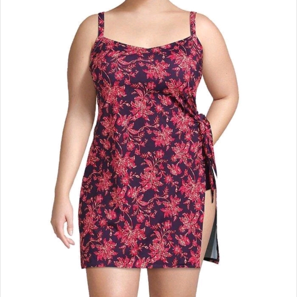 Lands End Swim Dress One Piece Swimsuit 24W Floral UPF 50 NEW Chlorine Resistant